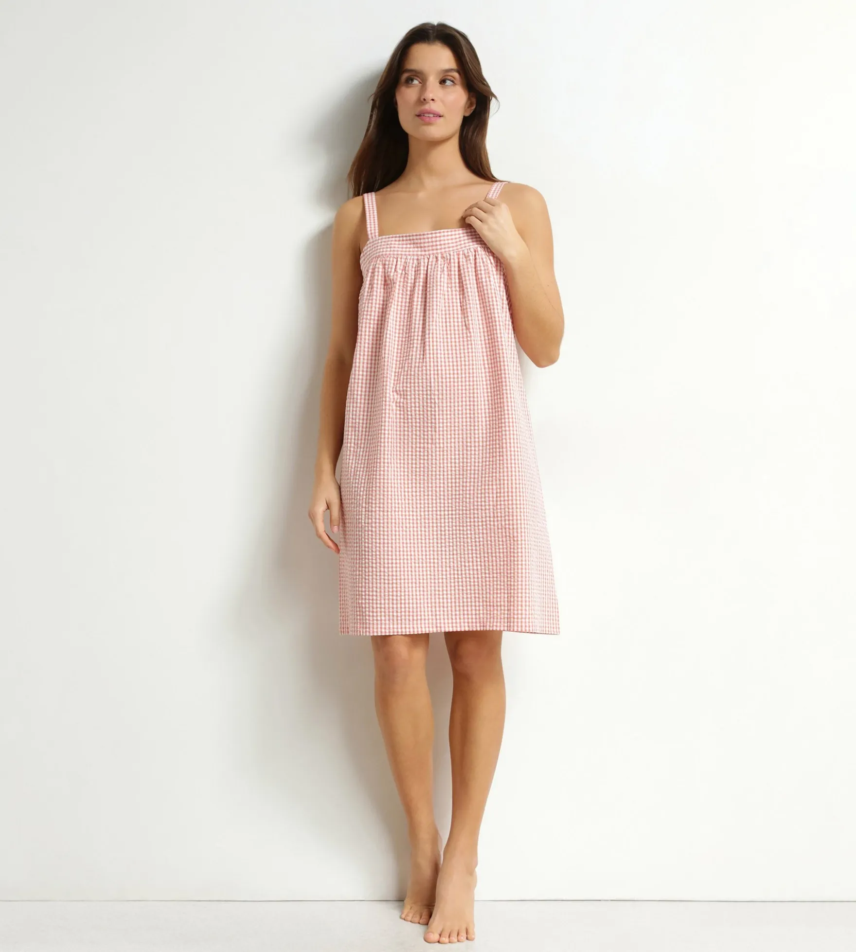 Chemise de nuit femme vichy seersucker Abricot Écru Dim Nightwear