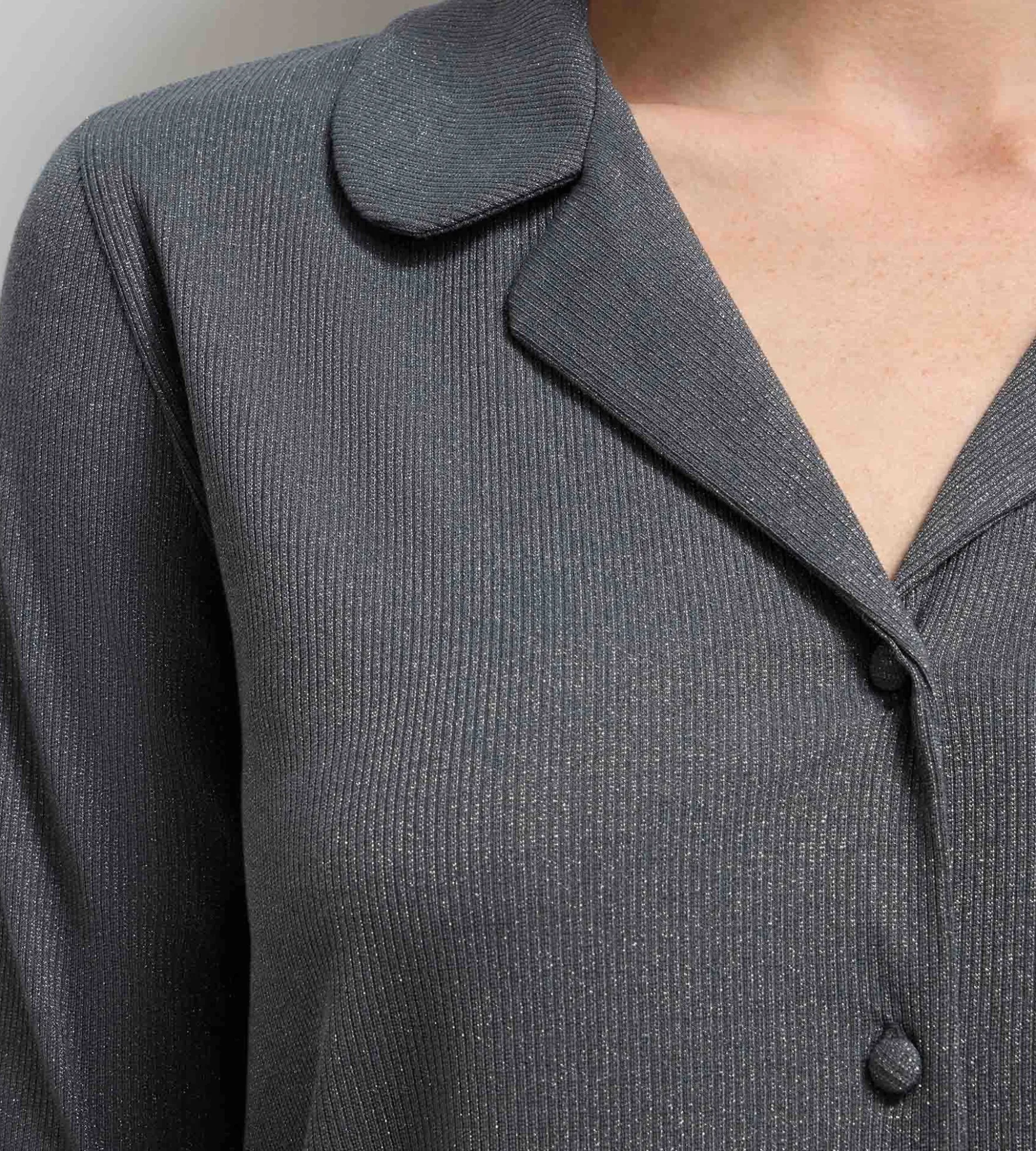 Chemise ouverte manches longues rib lurex gris granit Precious Christmas