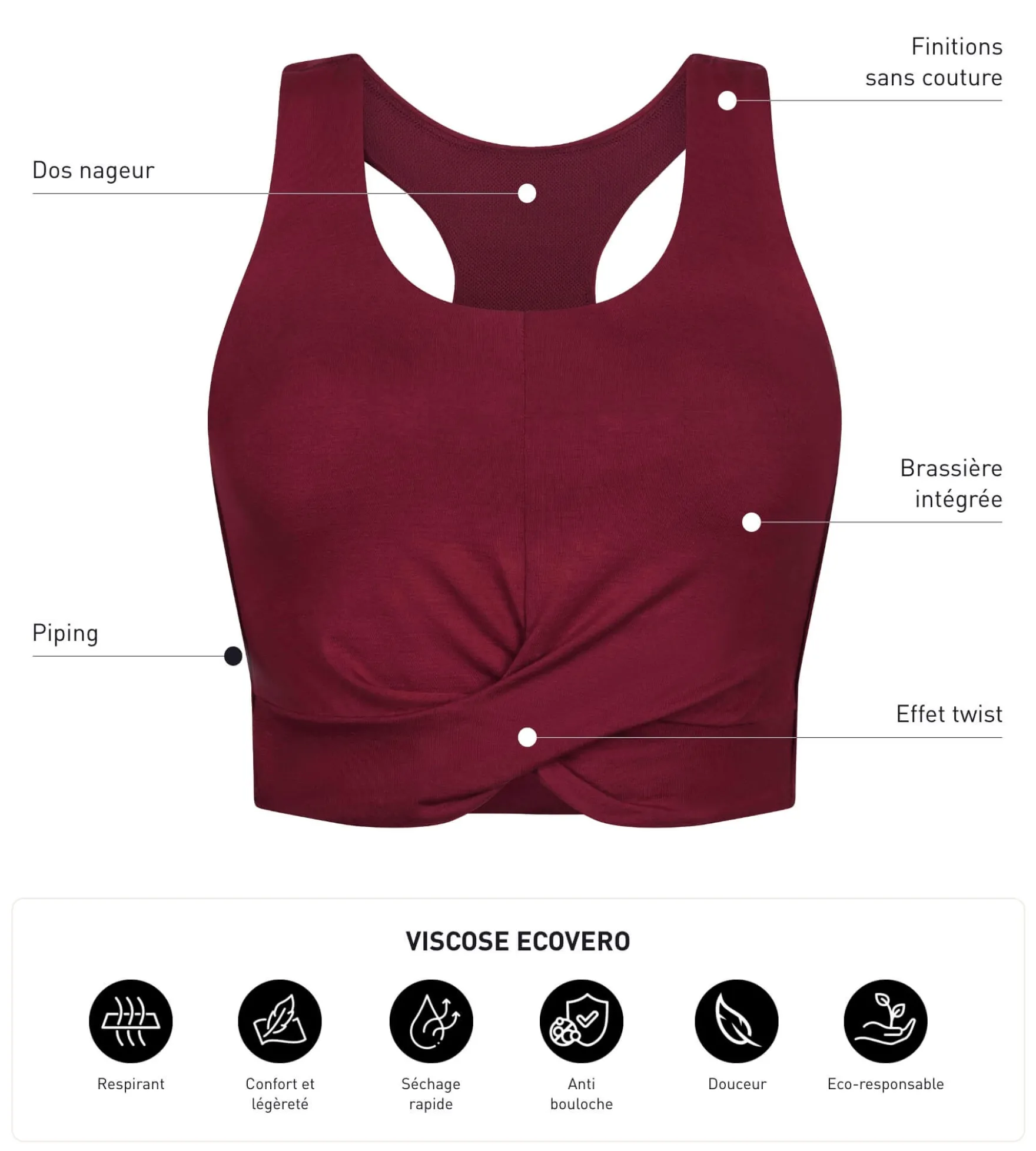 Débardeur de sport femme Bordeaux avec brassière intégrée Dim Move