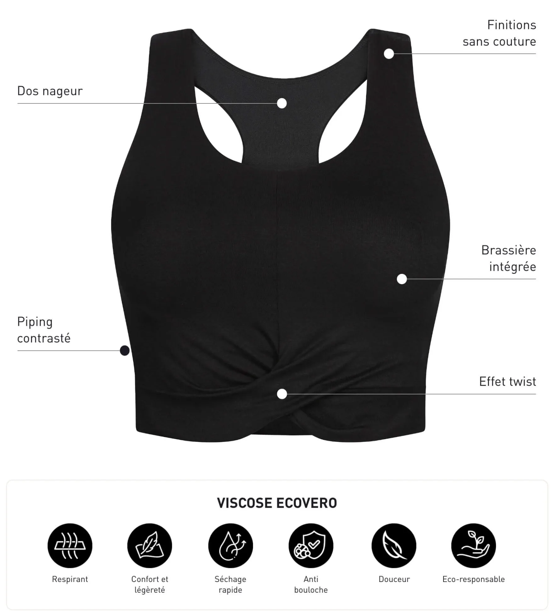 Débardeur de sport femme en viscose noire avec brassière Dim Move
