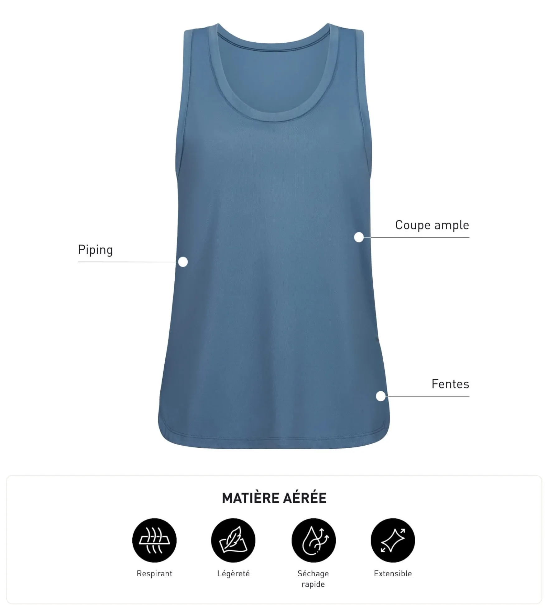 Débardeur de sport long pour femme en viscose Bleu Jean Dim Move