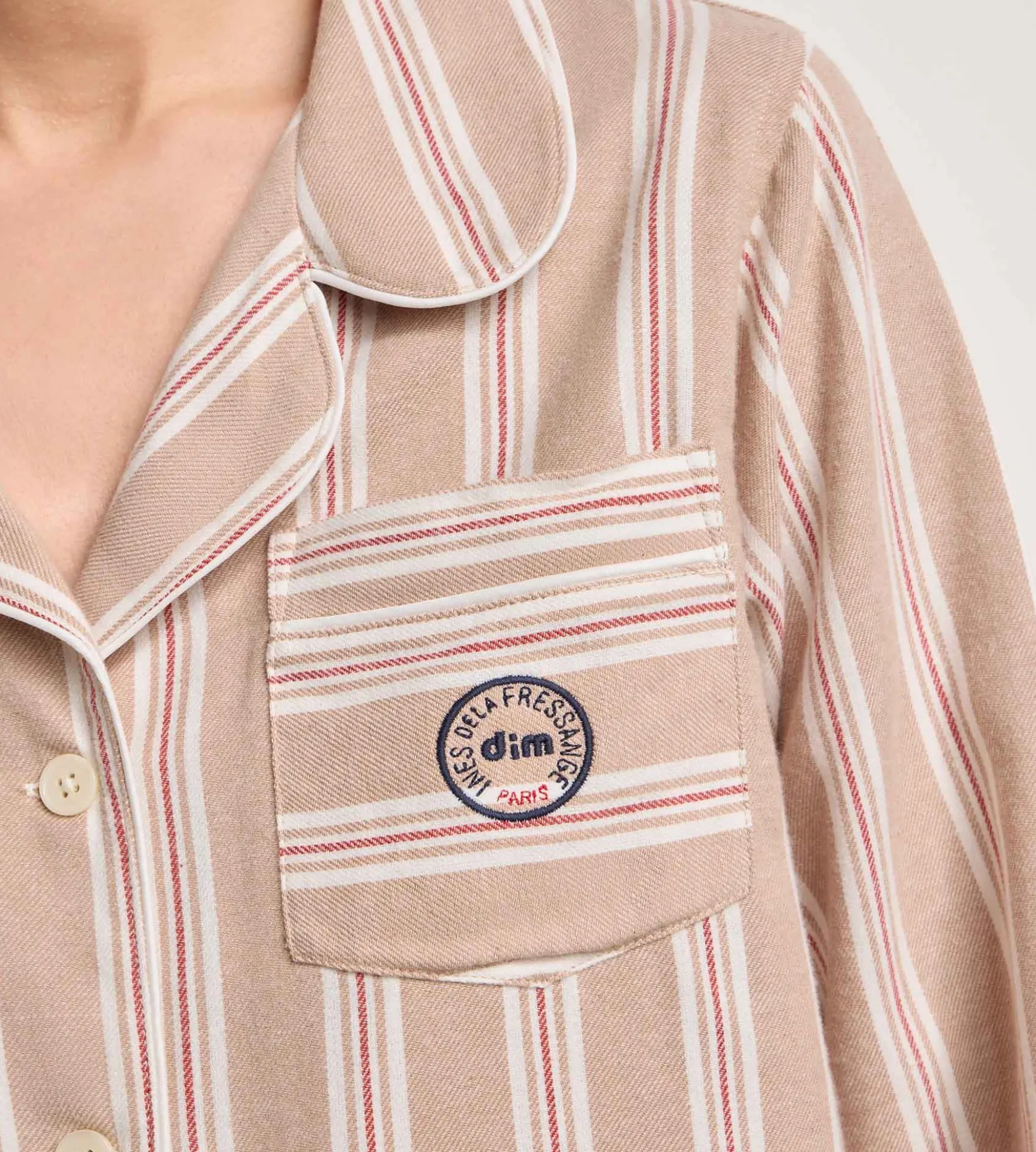 Ensemble pyjama femme flanelle rayée brun et beige DIM x Ines de la Fressange
