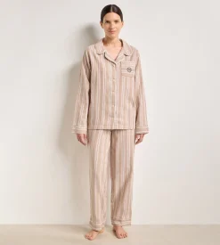 Ensemble pyjama femme flanelle rayée brun et beige DIM x Ines de la Fressange