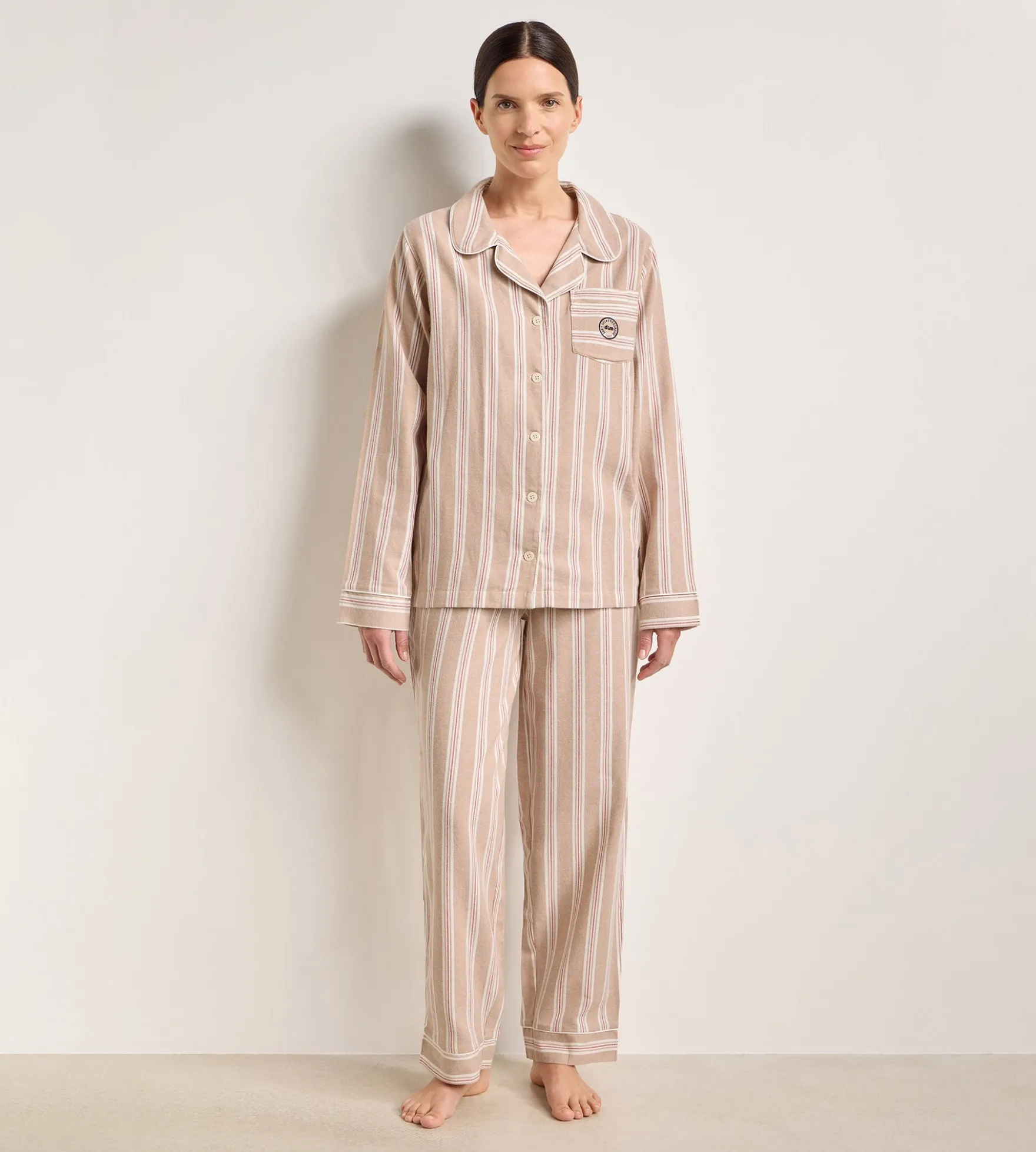 Ensemble pyjama femme flanelle rayée brun et beige DIM x Ines de la Fressange