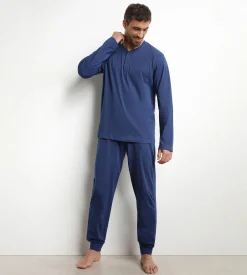 Ensemble pyjama pantalon col serafino en jersey Bleu Nuit Dim Nightwear