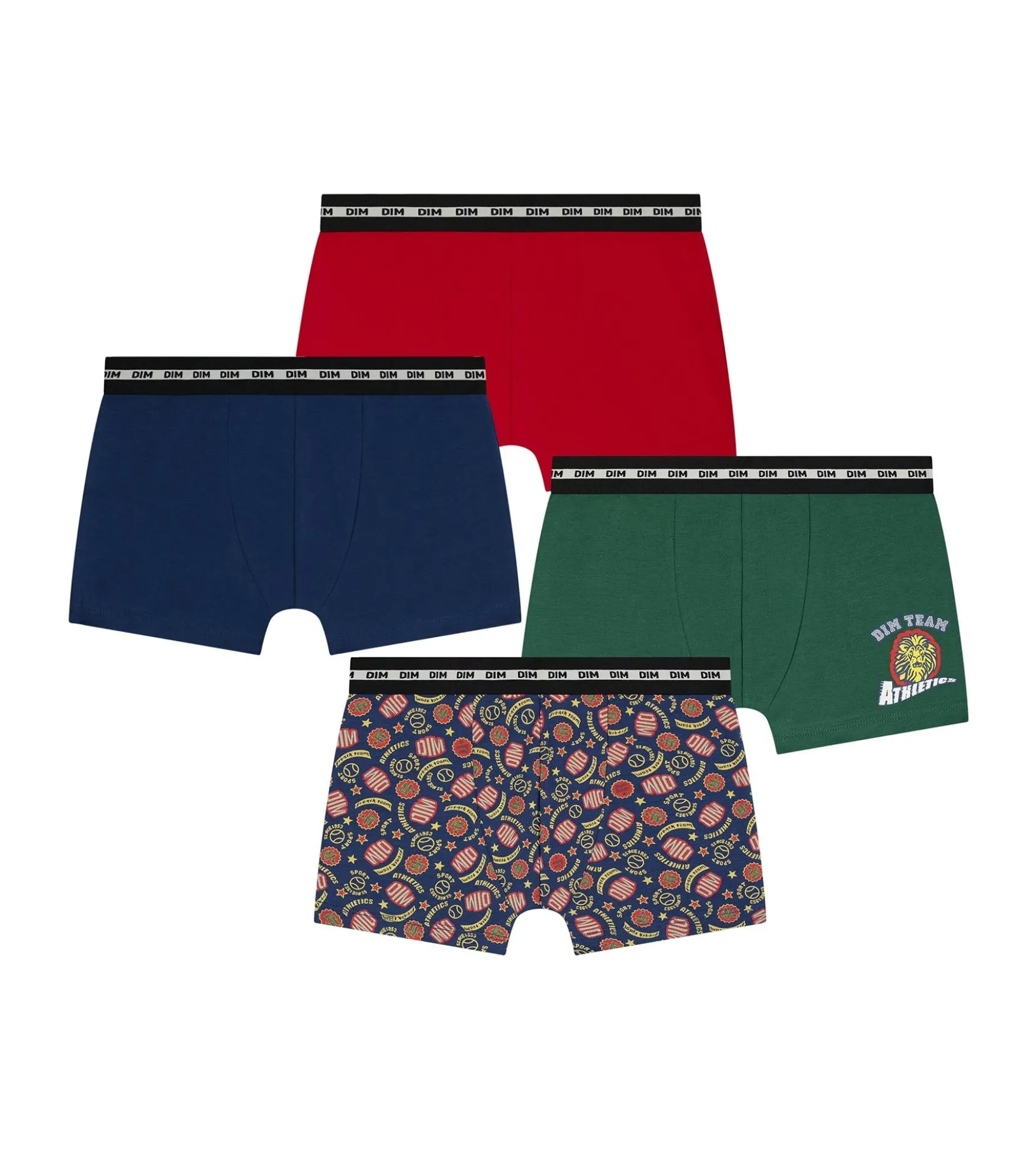Lot de 4 boxers enfant Rouge Vert Bleu Baseball Dim Coton Stretch