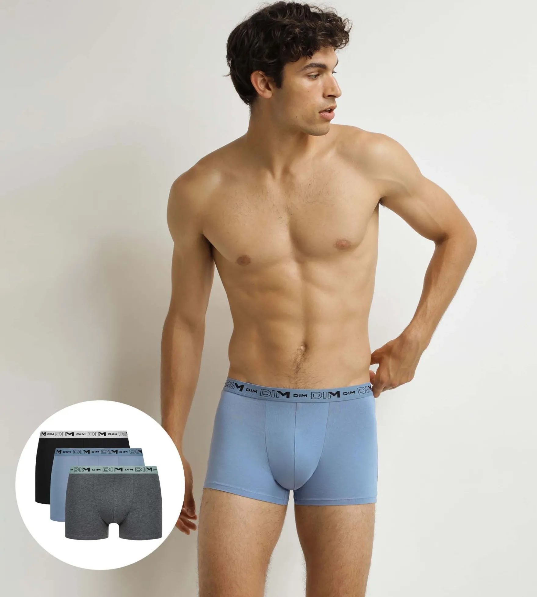 Lot de 3 boxers homme Gris Bleu Noir Coton Stretch Bio