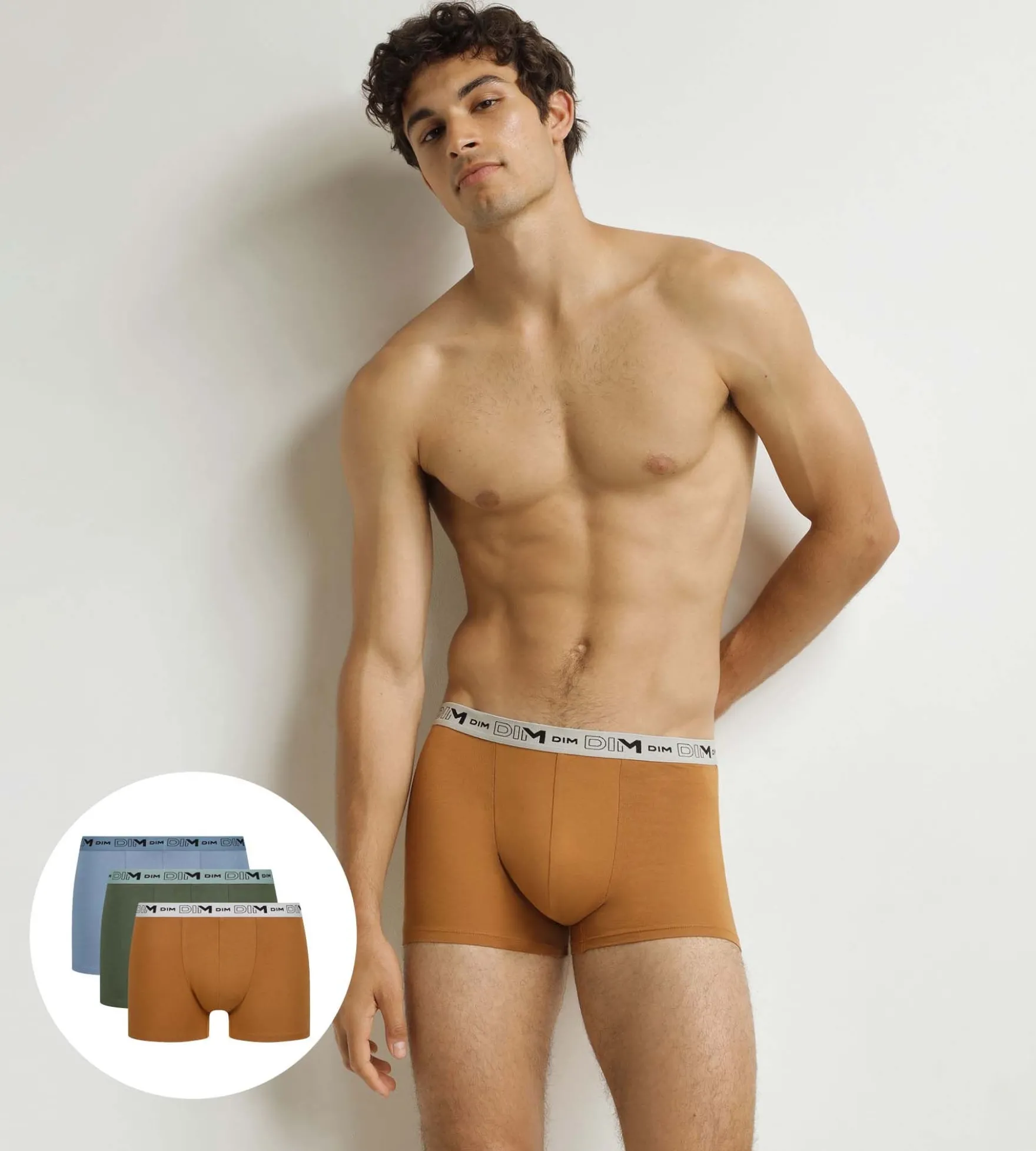 Lot de 3 boxers homme Kaki Ocre Bleu Coton Stretch Bio