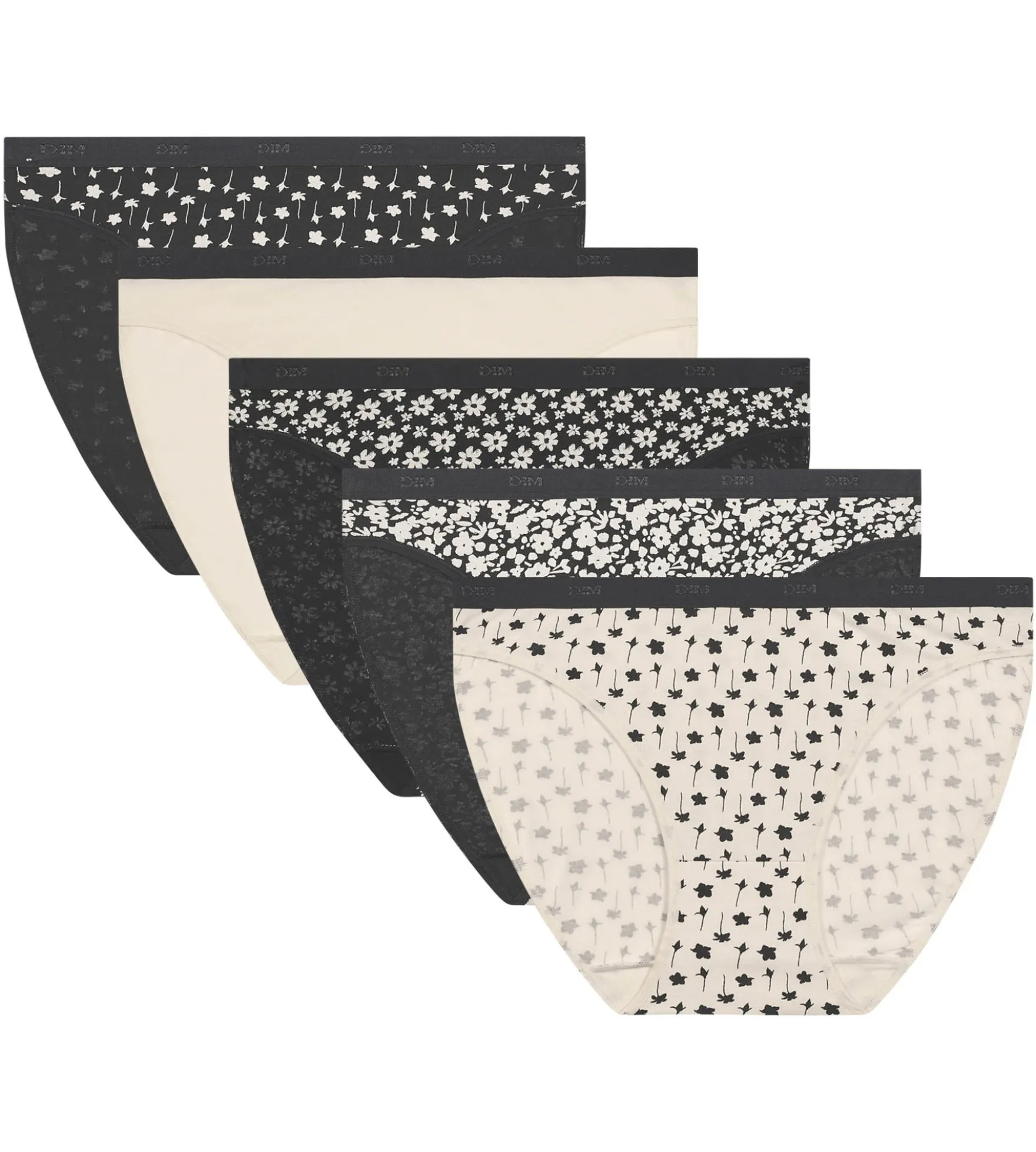 Lot de 5 culottes coton stretch à motif floral Blanc Noir Les Pockets