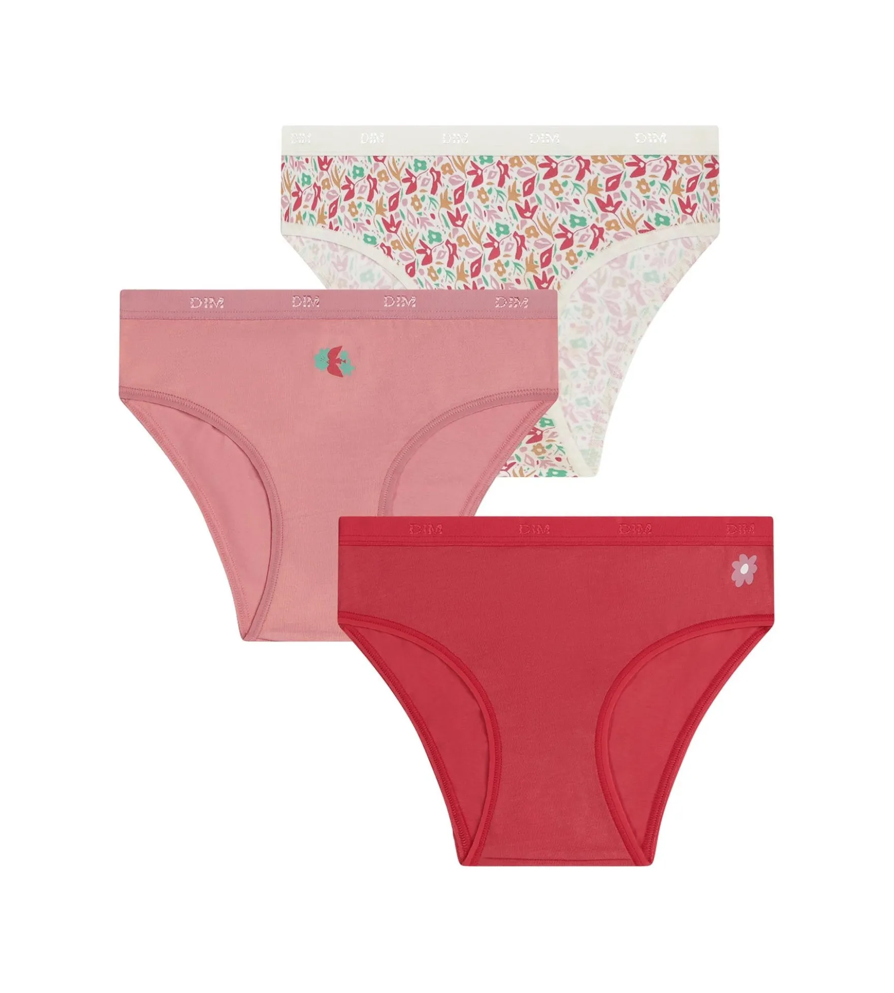 Lot de 3 culottes fille coton stretch à fleurs rouge Les Pockets