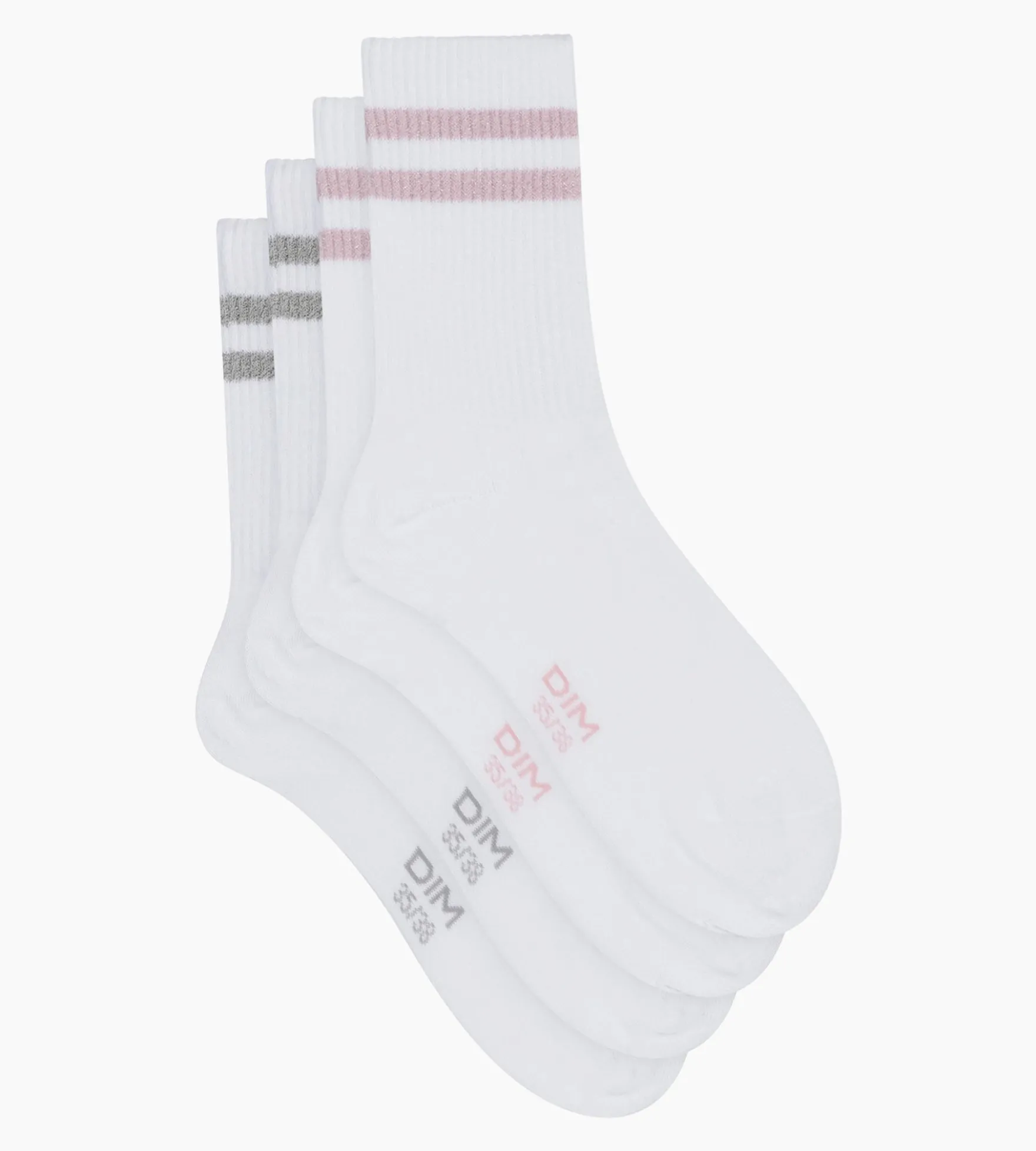 Lot de 2 paires de chaussettes en coton côtelé Blanc et lurex Rose Gris Dim Mode
