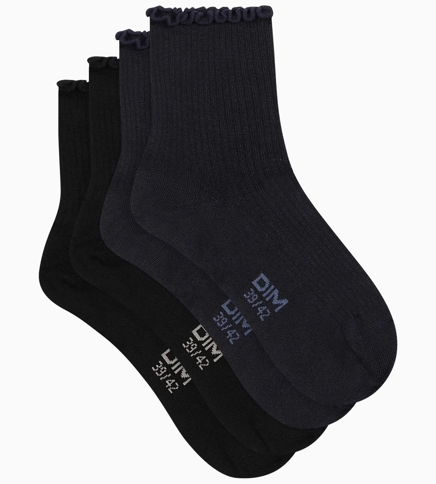 Lot de 2 paires de chaussettes femme à volants Noir Marine Dim Modal
