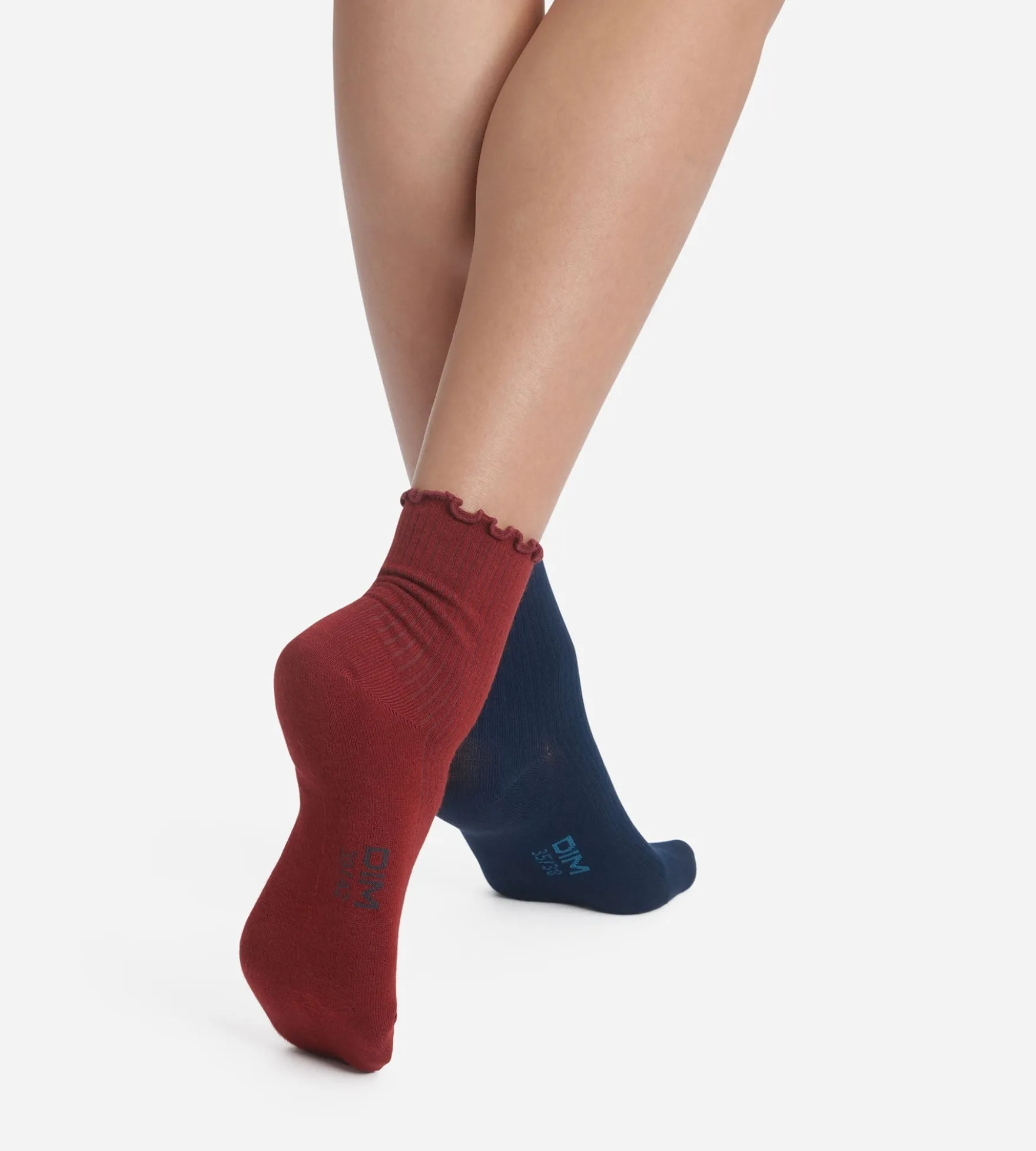 Lot de 2 paires de chaussettes femme à volants Bleu Bordeaux Dim Modal