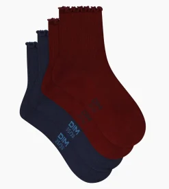 Lot de 2 paires de chaussettes femme à volants Bleu Bordeaux Dim Modal
