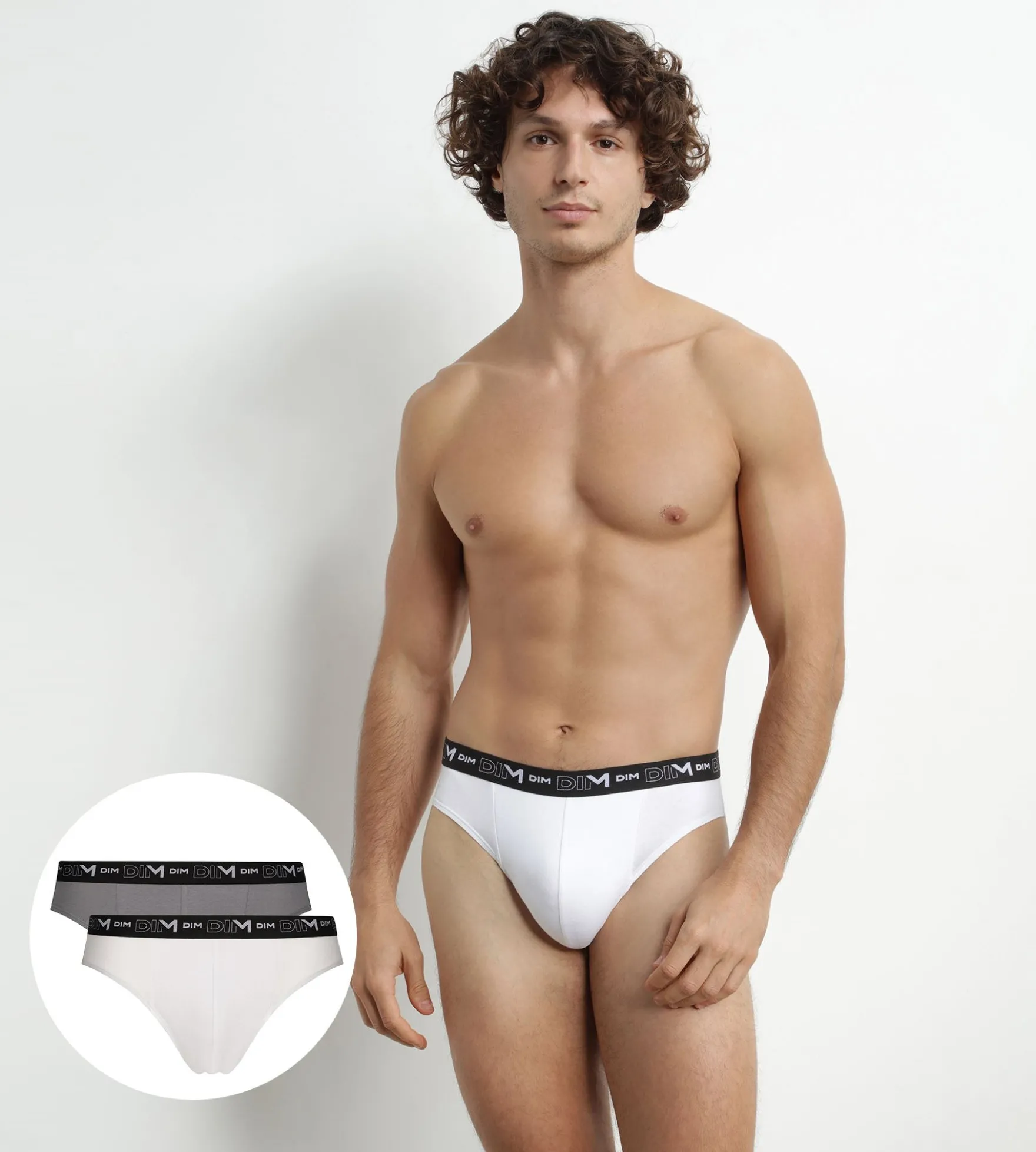 Lot de 2 slips homme Blanc Gris ceinture contrastée Dim Coton Stretch