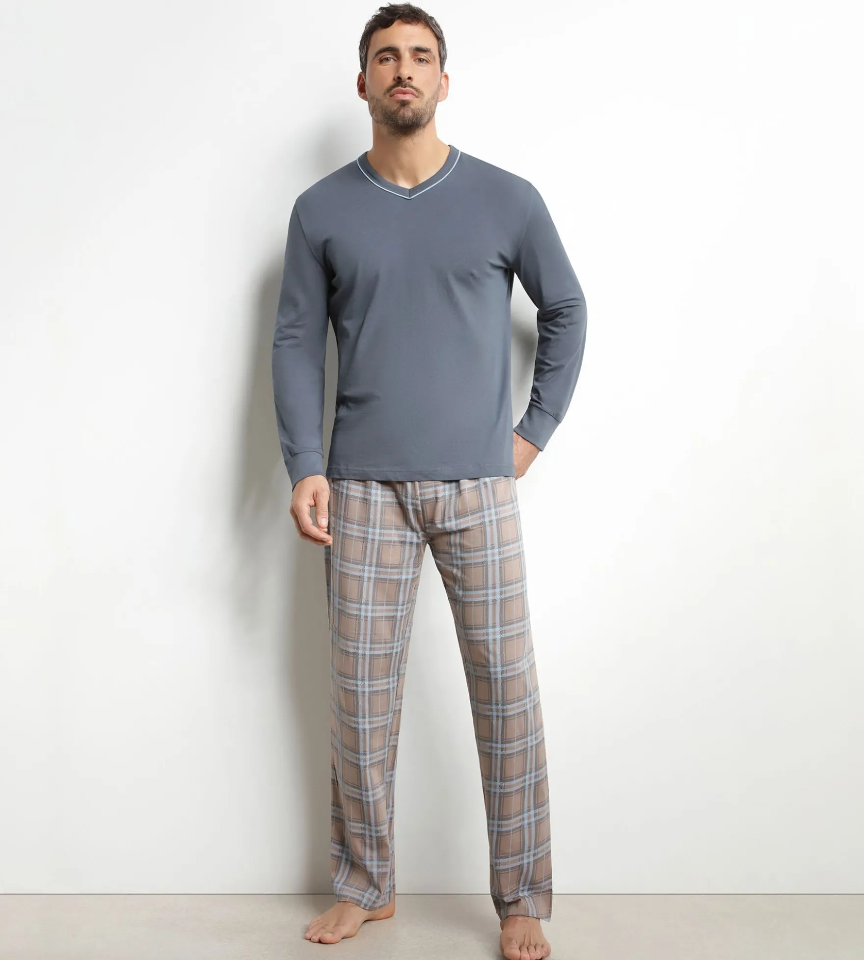 Pyjama homme pantalon en jersey gris à carreaux Dim Nightwear