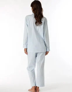 Pyjama long ouvert unisexe en toile de coton bleu à rayures