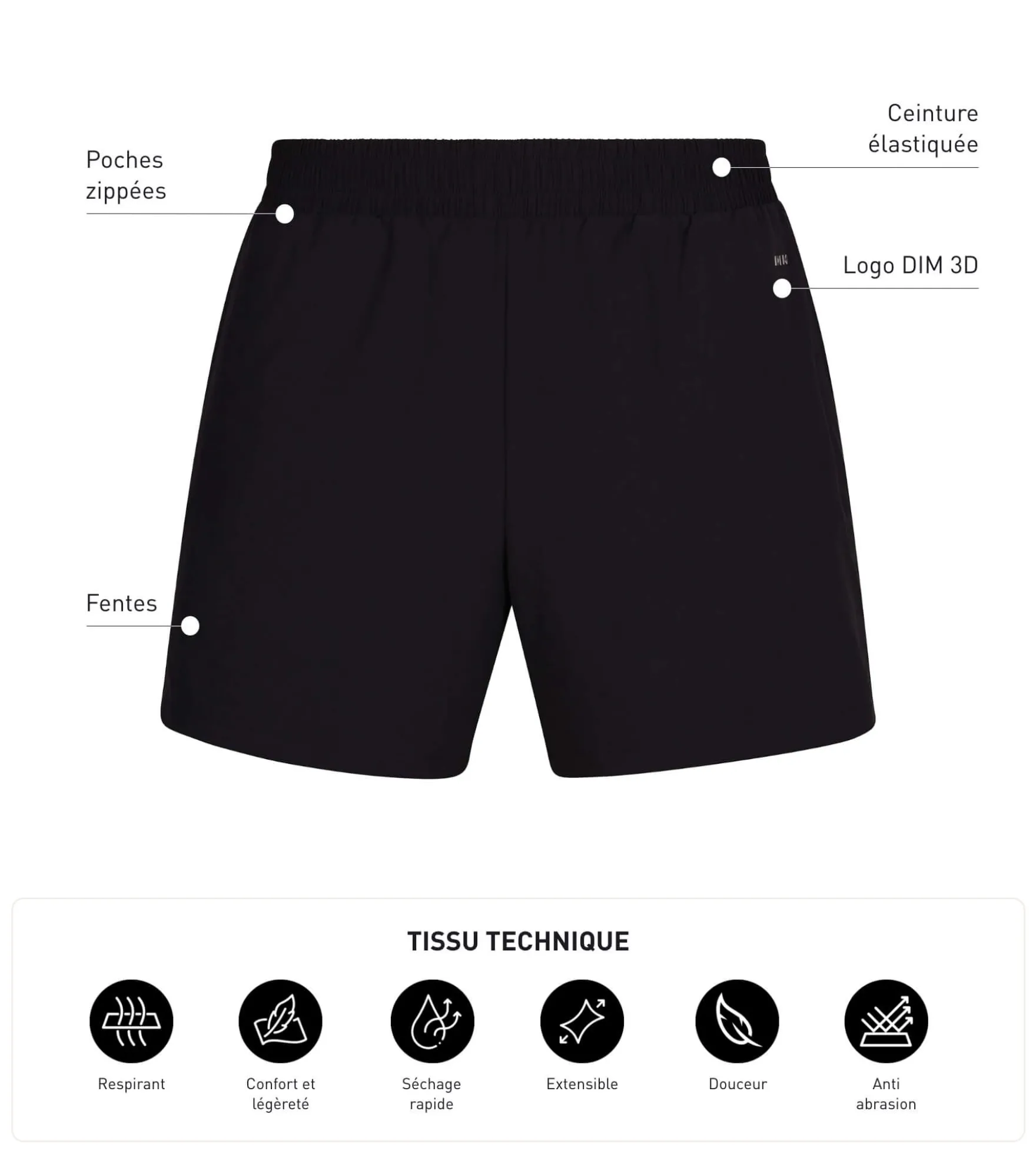 Short de sport homme en matière aérée Noir Dim Move