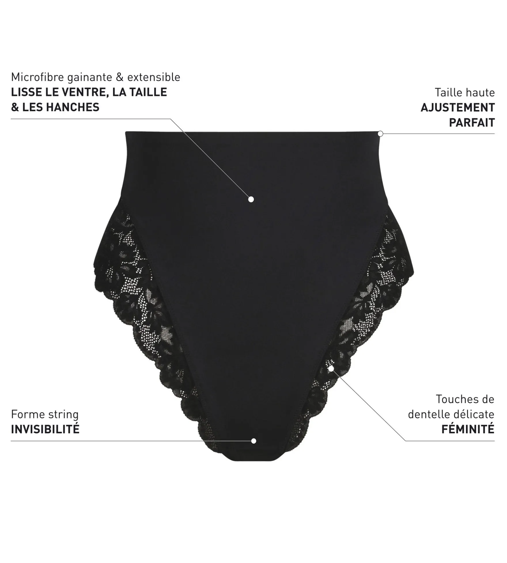 String galbant taille haute microfibre et dentelle Noir Dim Silhouette Elegance