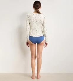 Top manches longues col bateau coton écru imprimé fleuri Slow Days Fresh Vibes