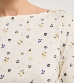 Top manches longues col bateau coton écru imprimé fleuri Slow Days Fresh Vibes